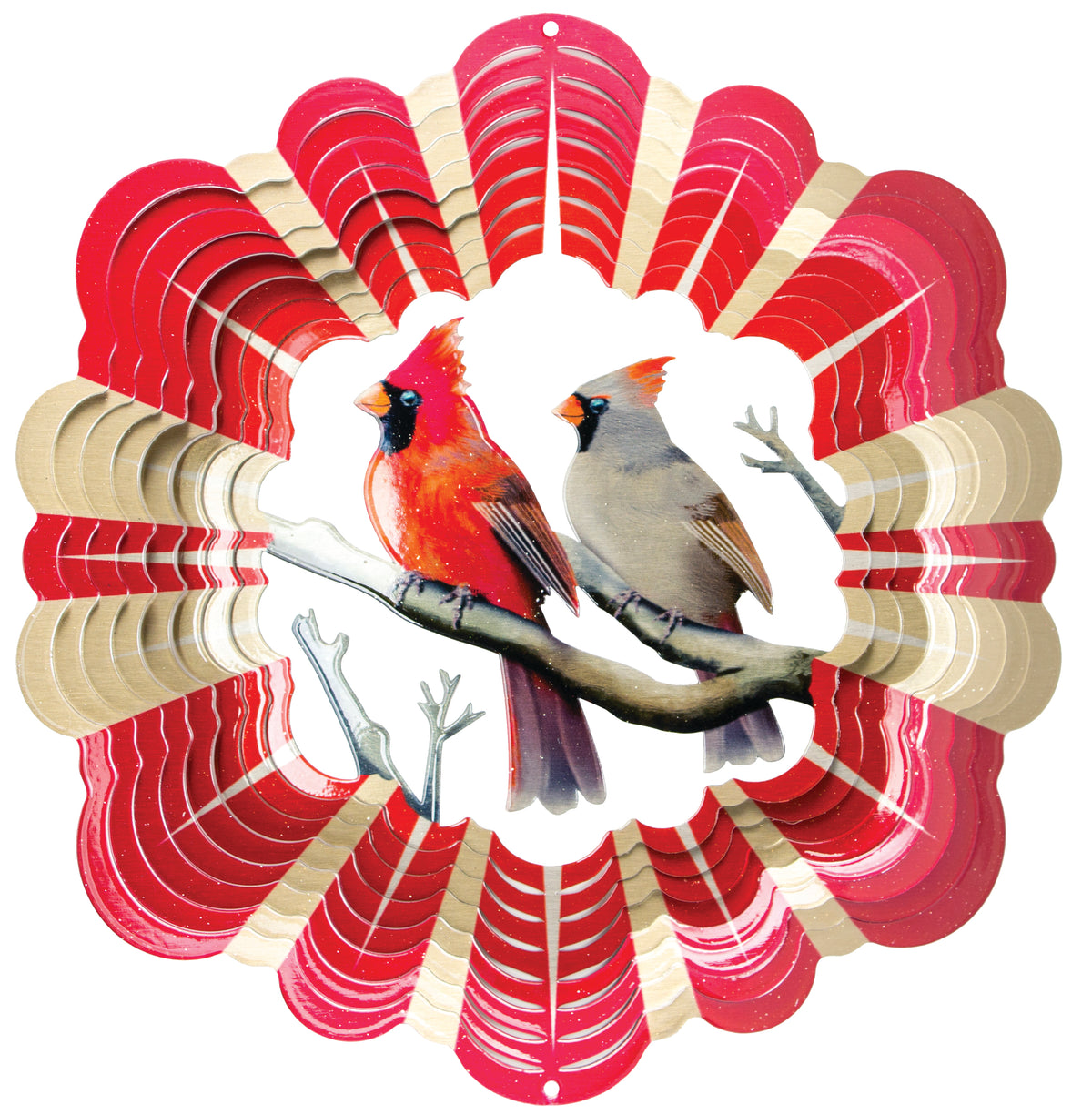 Large cardinal pair wind spinner showing a red male and grey-brown female cardinal on a silver branch, ringed by red and champagne-gold blades