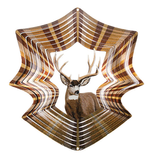 Large angular wind spinner with brown plaid layered blades and a photorealistic buck with tall antlers at the centre