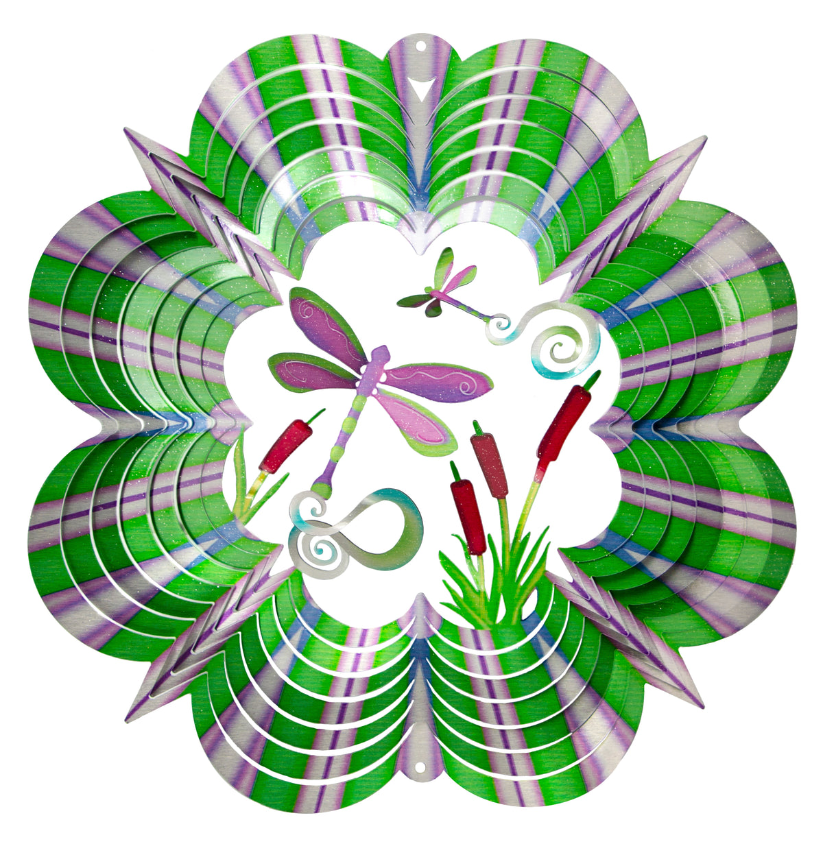 Large 3D dragonfly wind spinner with purple dragonflies over red cattails and striped scalloped body
