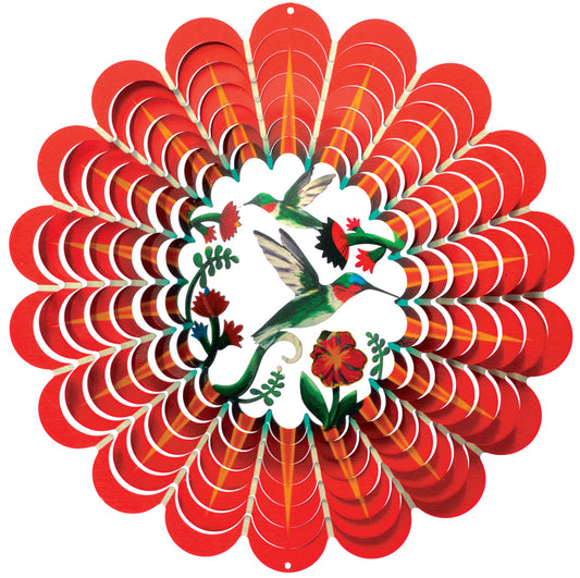 Large red wind spinner with petal-layered blades and painted green hummingbirds among red trumpet flowers at the centre