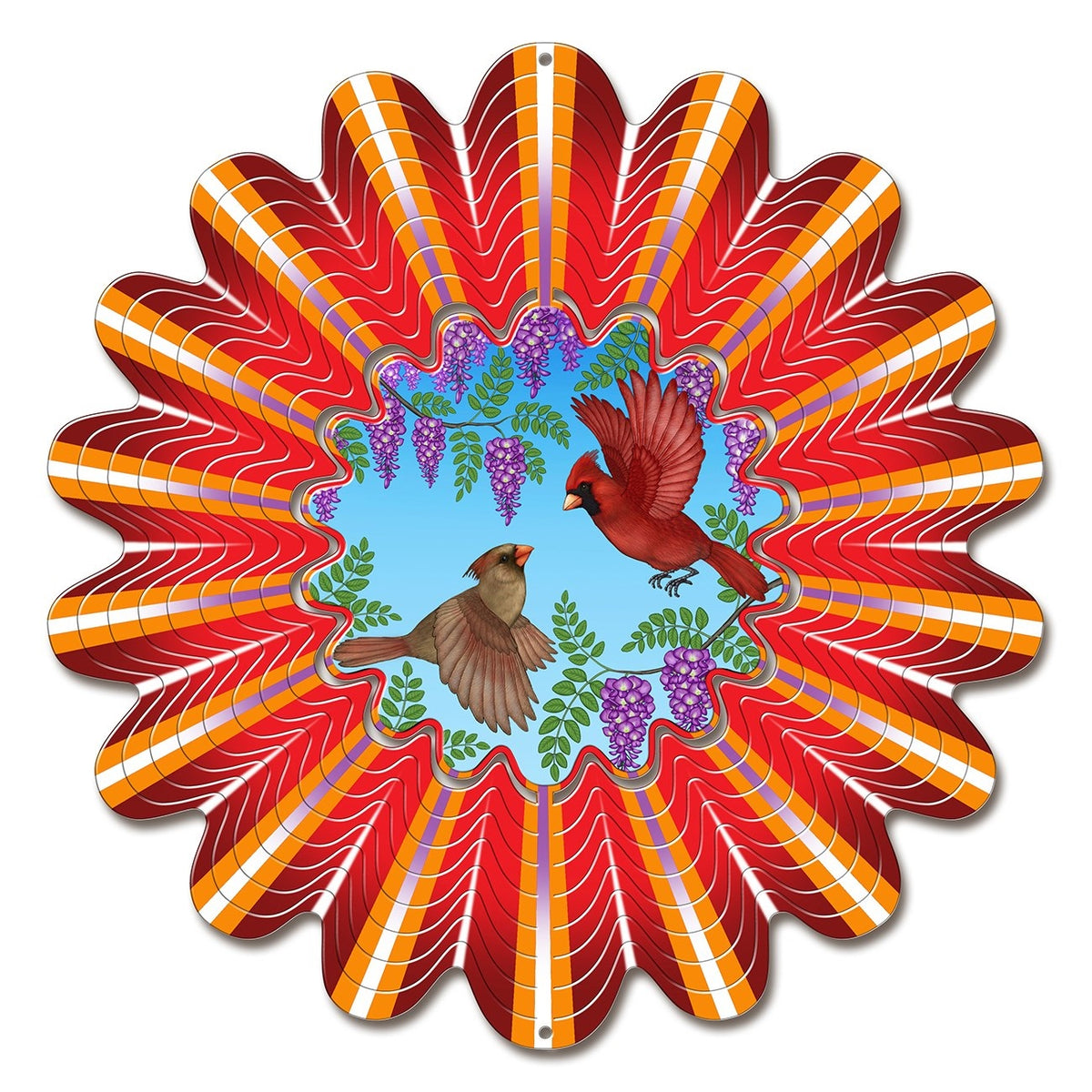 Large animated red cardinal wind spinner with male and female cardinals among wisteria and flame-striped layers