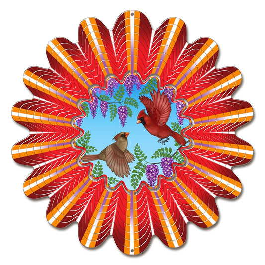 Large animated red cardinal wind spinner with male and female cardinals among wisteria and flame-striped layers