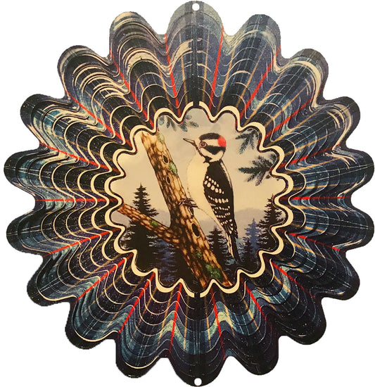 Large animated woodpecker wind spinner with downy woodpecker on tree trunk and navy plaid layered ring