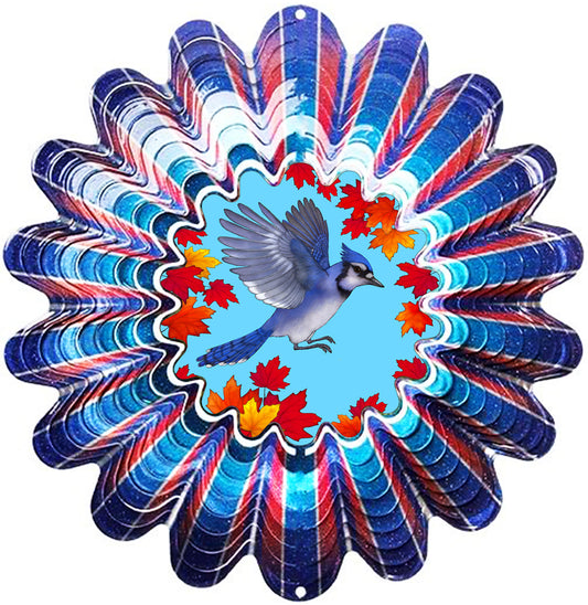 Large animated blue jay wind spinner with blue jay in flight, autumn maple leaf wreath and rippled blue border