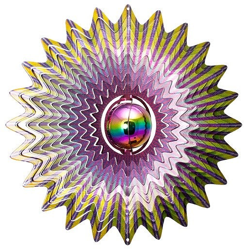 Large splash wind spinner with iridescent purple and green starburst layers and rainbow mirrored gazing ball centre