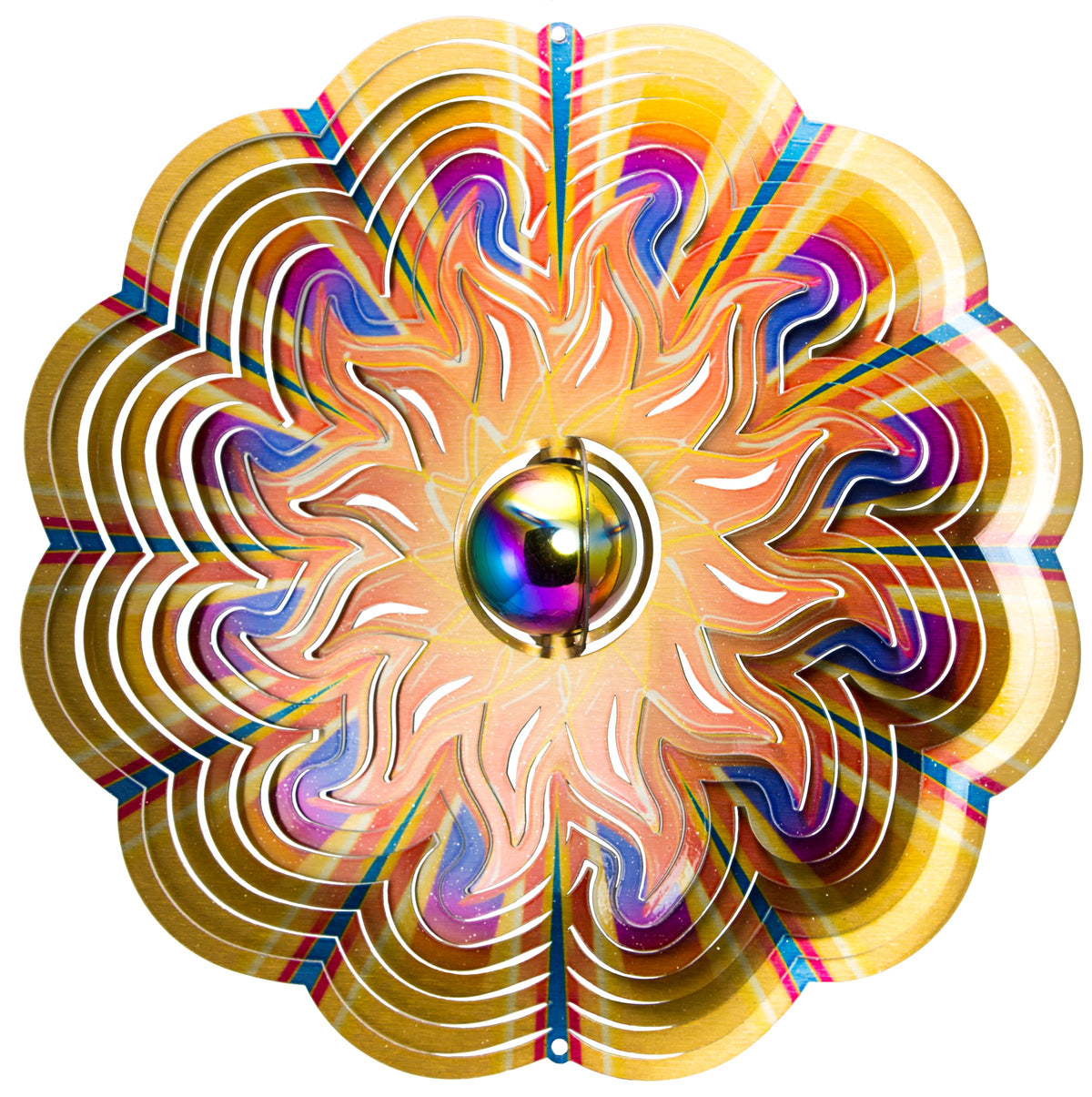Large gold sun wind spinner with flame-shaped rays in orange and peach around an iridescent rainbow gazing ball centre