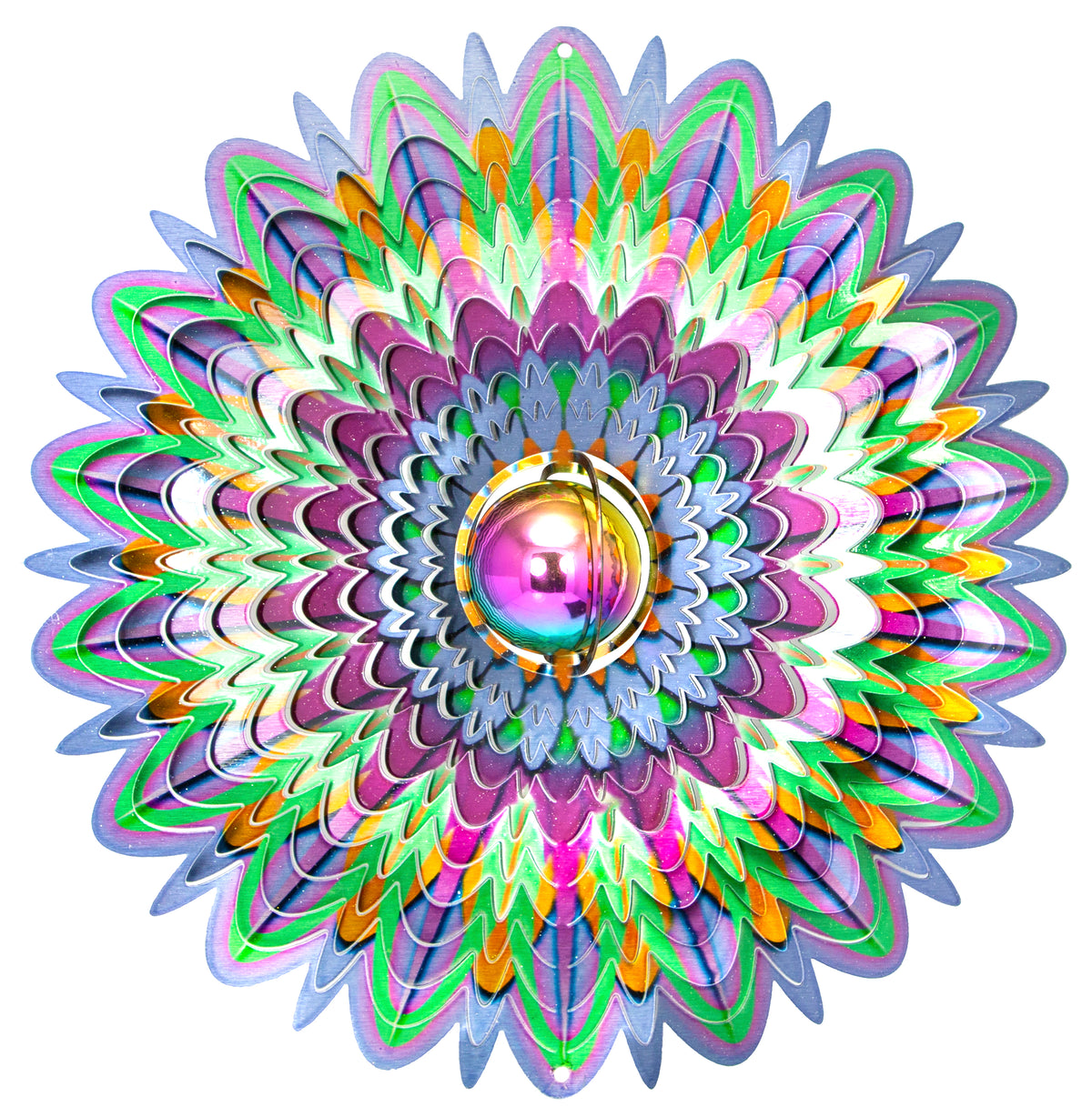 Large mandala wind spinner with mint, purple, blue and orange feathered petals around a mirrored rainbow gazing ball centre