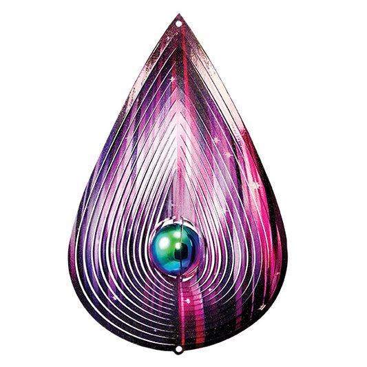 Large pink and purple teardrop wind spinner with nested 3D layers and iridescent blue-green centre ball