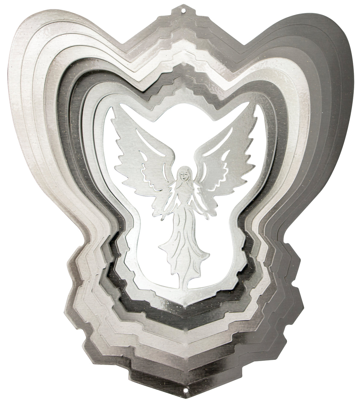 Large Silver Angel wind spinner with angel silhouette, outspread wings and nested brushed stainless steel layers