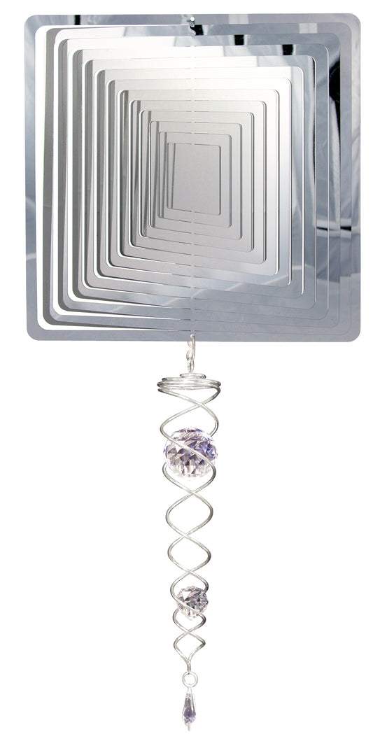 Mirrored square wind spinner set with nested silver square blades and a mini crystal twister holding pale lavender crystal balls