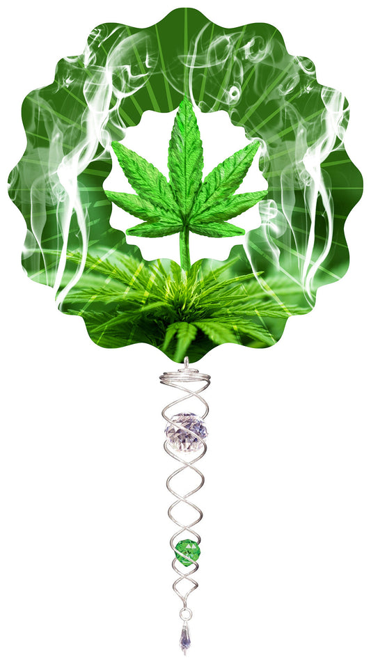 Small Green Cannabis Leaf wind spinner set with sculpted leaf centre, smoke-effect green border and crystal twister tail