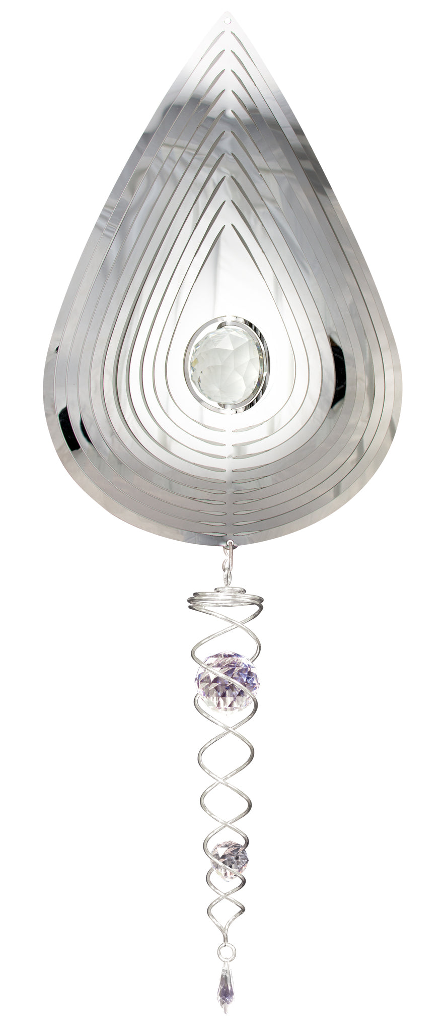 Silver crystal teardrop wind spinner gift set with faceted crystal centre and mini lavender crystal twister hanging below