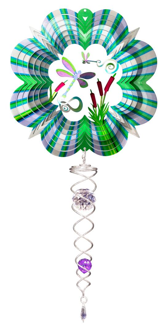 3D dragonfly wind spinner set with dragonfly and cattails scene and silver crystal twister below