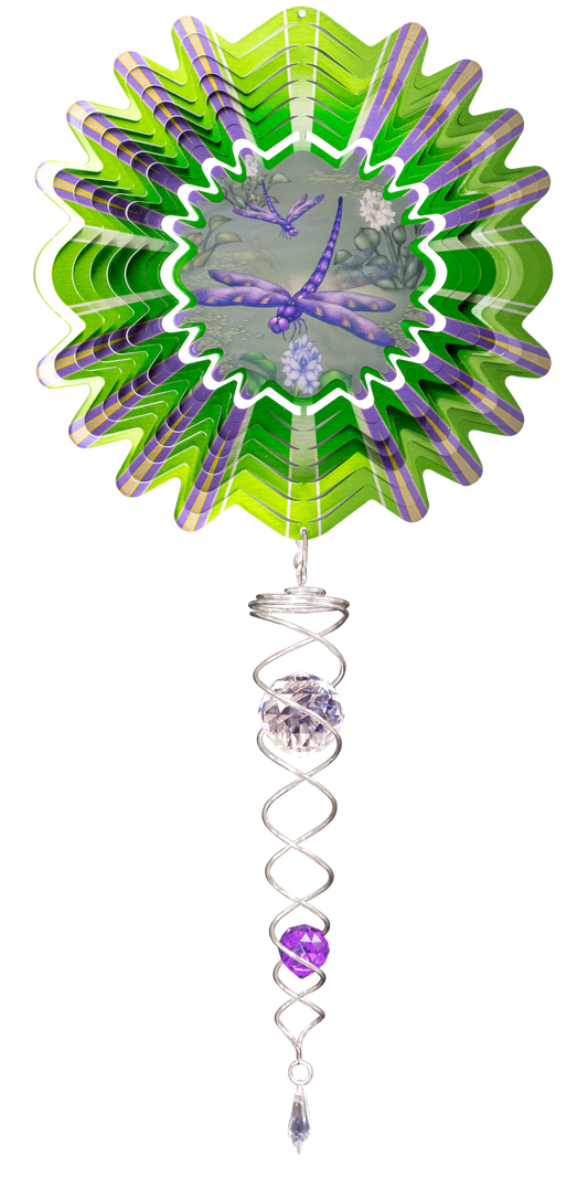 Small Sepia Dragonfly wind spinner set with sepia pond scene centre, green and purple chevron petals and crystal twister tail