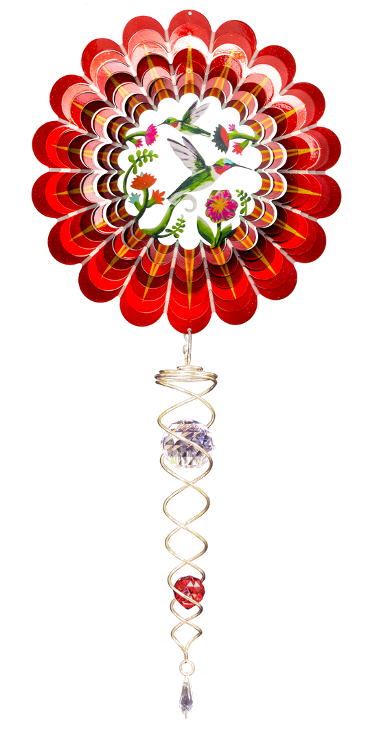 Small 3D red hummingbird wind spinner set with gold-edged red petals, hummingbird and flower centre scene, and gold crystal twister