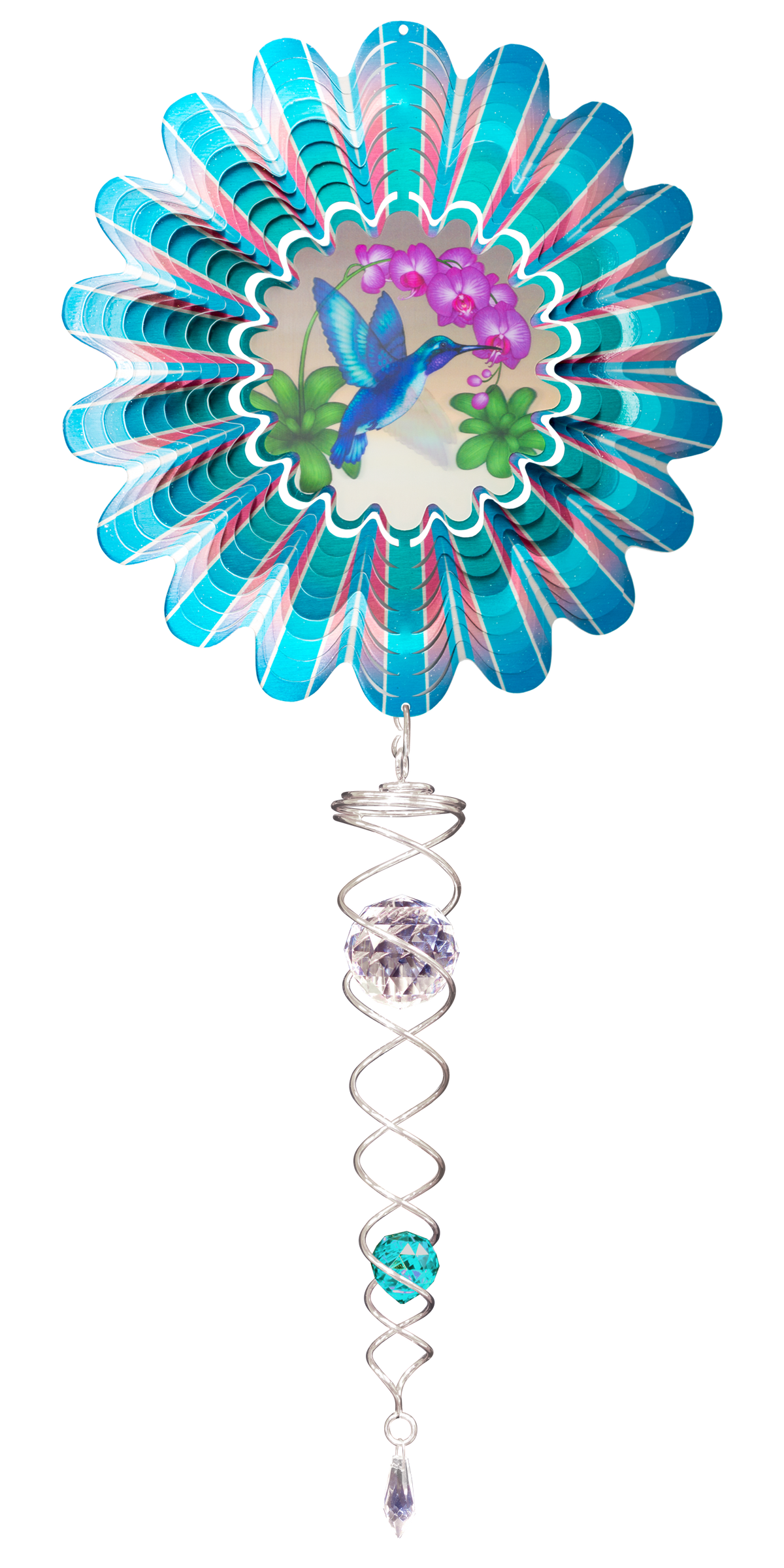 Animated blue hummingbird wind spinner set with turquoise petal spinner showing a hummingbird at pink orchids, silver crystal twister below