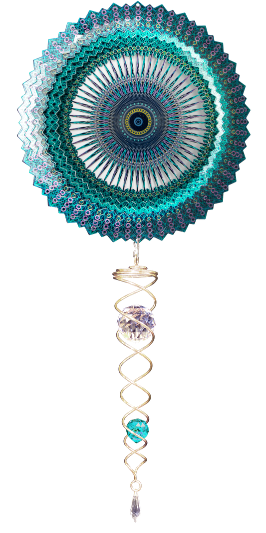 Wind spinner set with an intricate teal and purple mandala pattern and a gold-tone crystal twister hanging beneath it