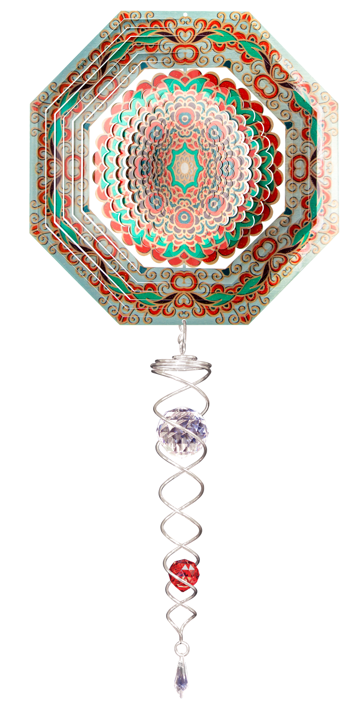 Small octagon mandala wind spinner gift set with kaleidoscope centre and silver crystal twister hanging below