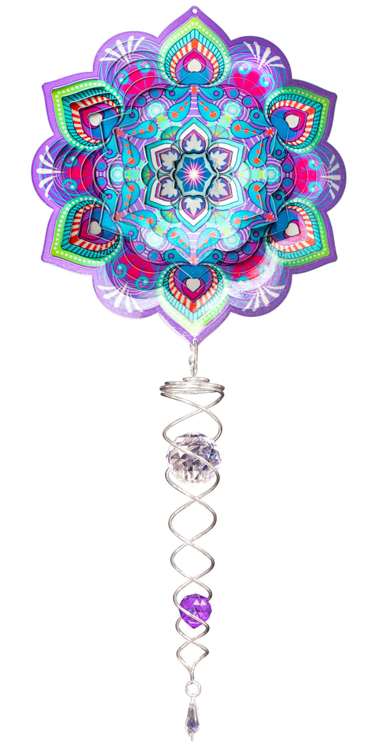 Lotus mandala wind spinner set in purple, teal and pink with silver crystal twister below