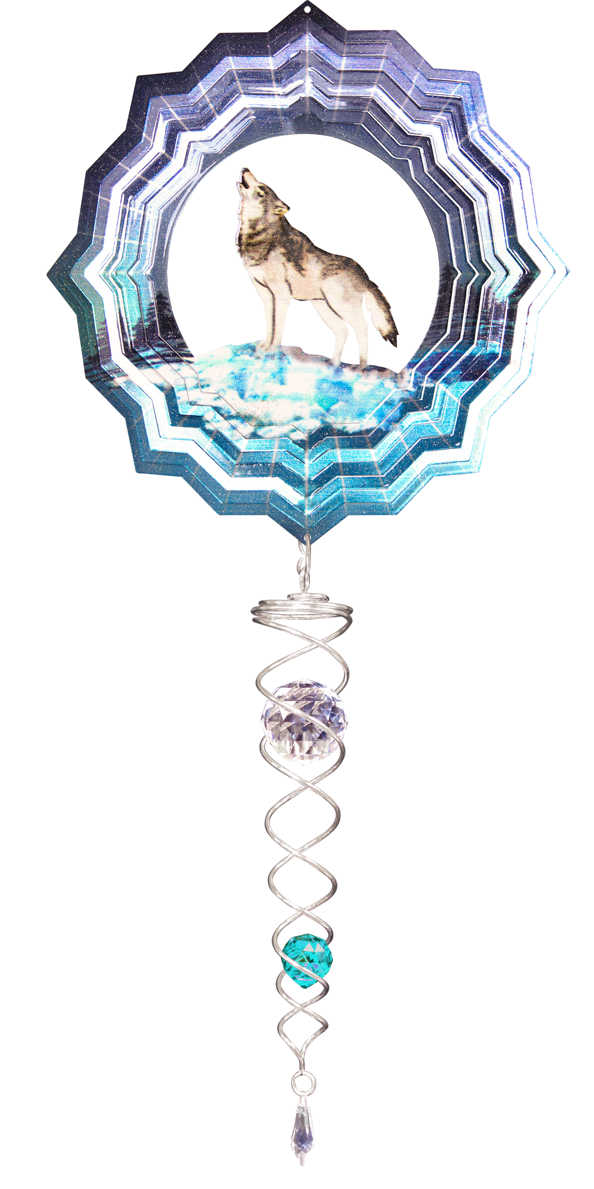 Small wolf wind spinner gift set with howling wolf winter scene and silver crystal twister hanging below