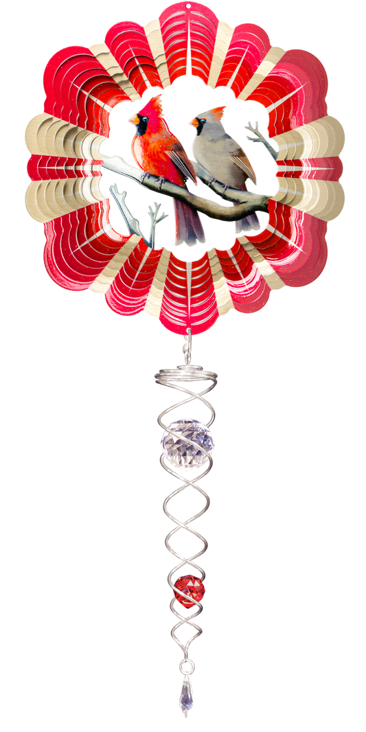 Wind spinner set showing a red male and grey-brown female cardinal on a branch, with a silver crystal twister hanging below