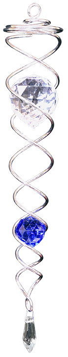 Small silver crystal twister with double-helix spiral, clear faceted crystal ball, cobalt-blue crystal ball and teardrop prism
