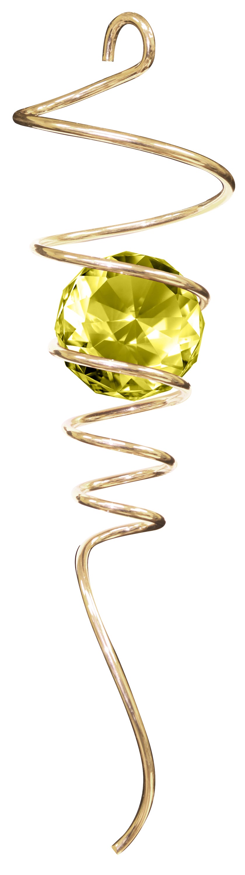 Gold spiral tail twister with large faceted gold crystal ball held in polished wire coils