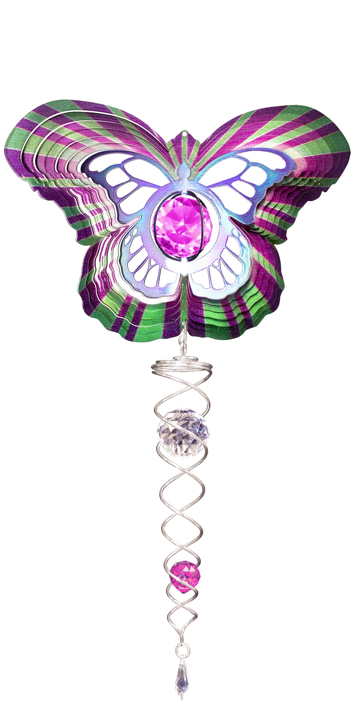 Deluxe butterfly wind spinner set with purple and green striped wings, pink oval crystal centre and silver mini crystal twister with pink crystal ball