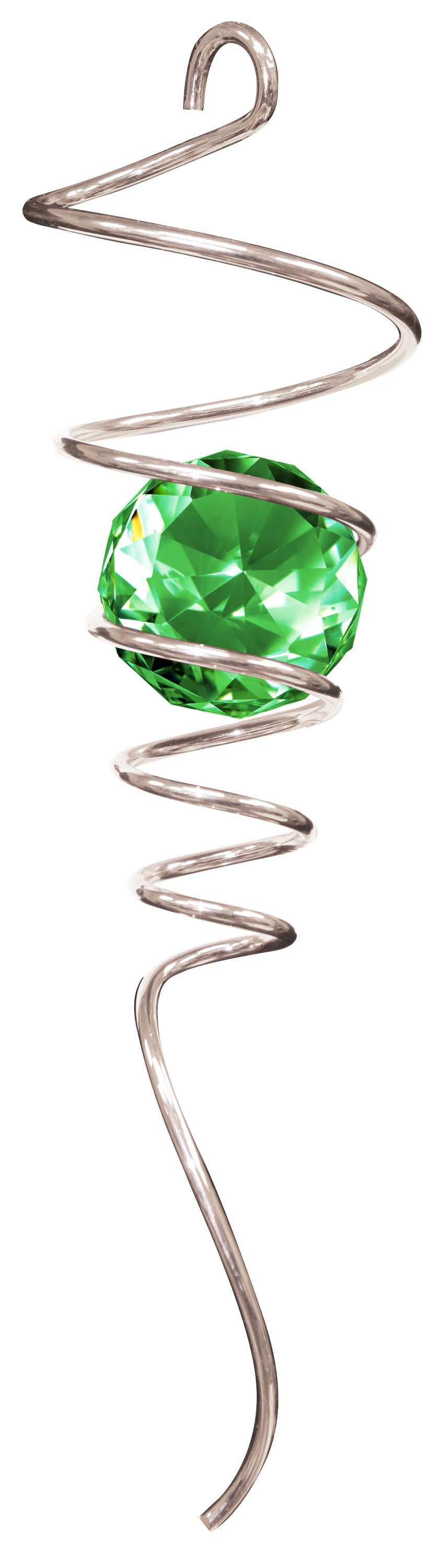 Silver spiral tail holding a faceted emerald-green crystal ball, 10-inch hanging ornament