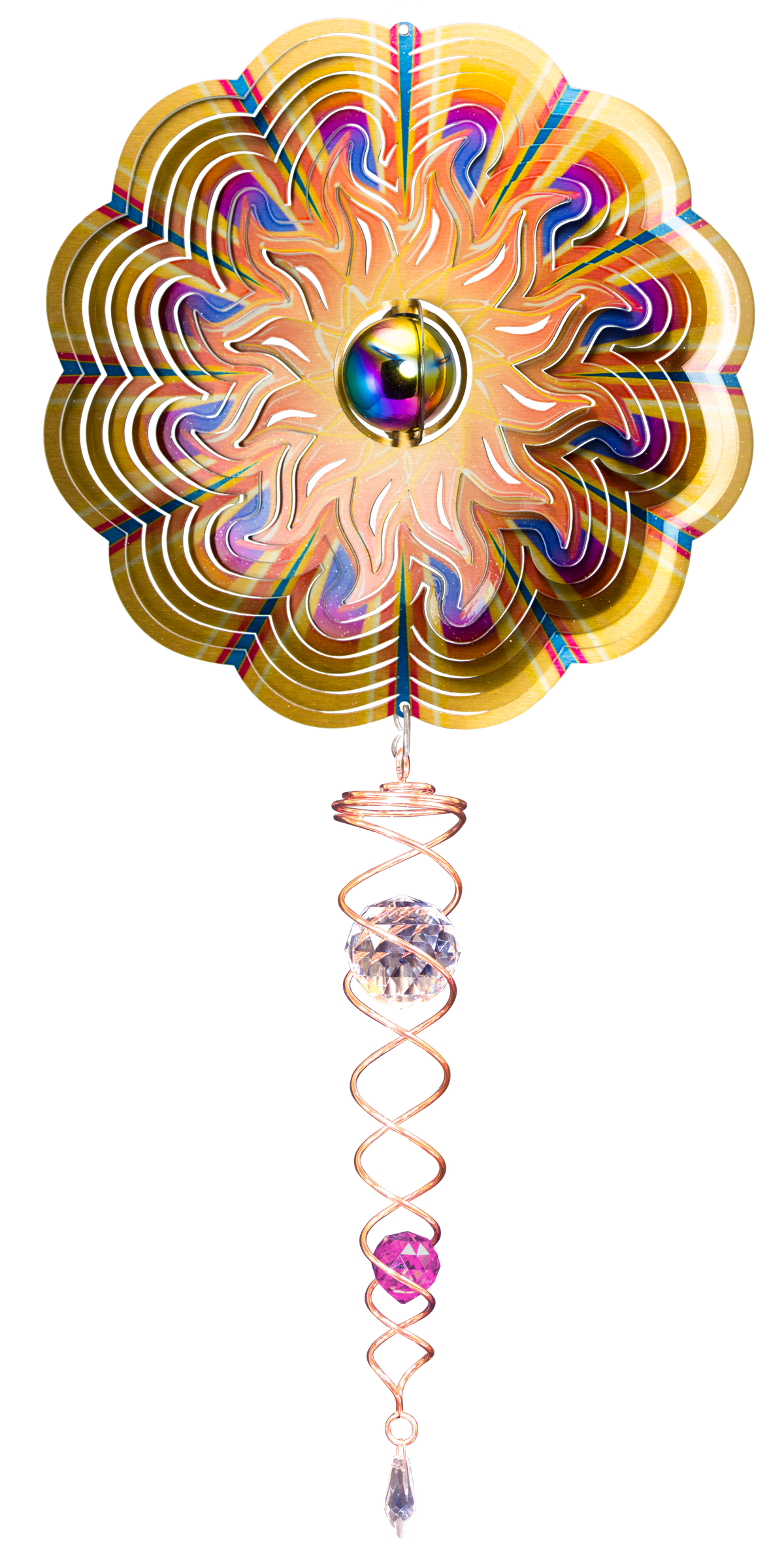 Two-piece gold sun wind spinner set with flame rays, rainbow gazing ball centre and copper crystal twister hanging below