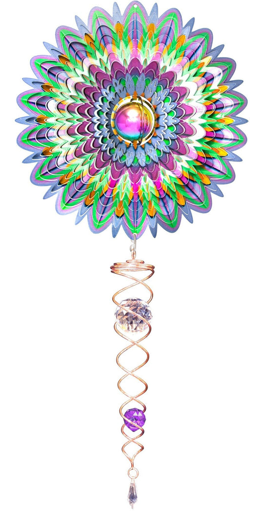 Deluxe gazing ball mandala wind spinner set with iridescent feathered petals around a gazing-ball crystal and a copper-tone crystal twister below