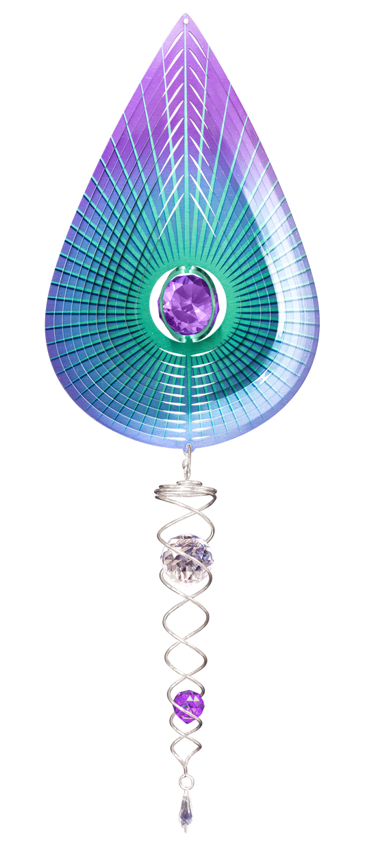 Deluxe Purple Teardrop wind spinner set with violet-to-teal gradient teardrop spinner and silver crystal twister tail