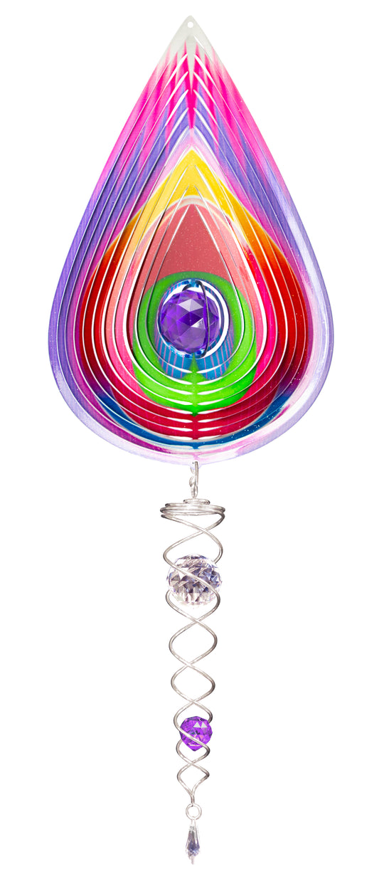 Paradise Teardrop wind spinner set with rainbow layered teardrop spinner, purple crystal centre and silver crystal twister tail below