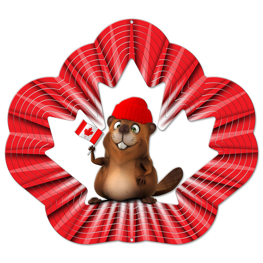Large Canada Beaver wind spinner, a red, white and silver maple leaf with a cartoon beaver in a red toque holding a Canadian flag at the centre