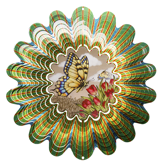 Large sepia butterfly wind spinner with a vintage swallowtail and red tulip scene at the centre of green striped scalloped petals