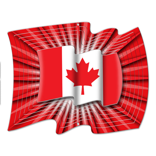 Large Canada flag wind spinner with rippling 3D layers and red maple leaf centre