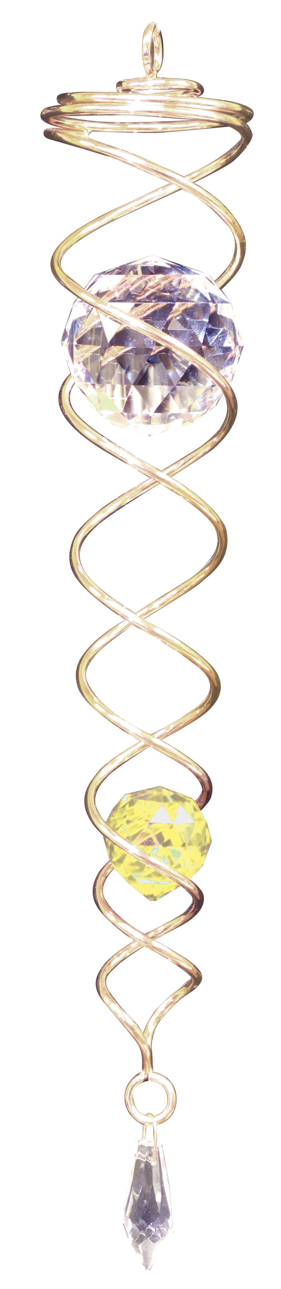 Large gold crystal twister, a vertical double-helix of gold stainless steel wire holding a pale crystal ball, gold crystal and clear teardrop prism