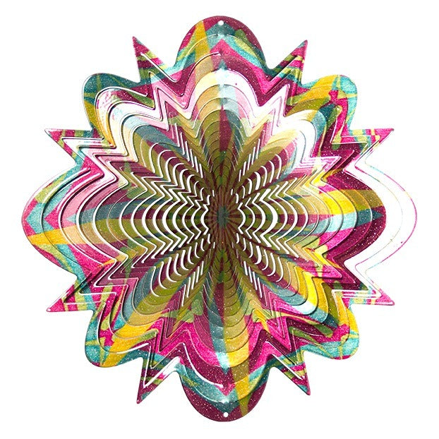 Large Floral Splash wind spinner with glitter-flecked pink, magenta, yellow, aqua and green nested starburst layers